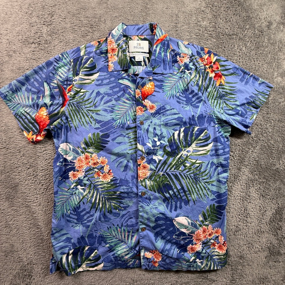 28 Palms Hawaiian Shirt Mens Large Blue Floral Cotton Loop Collar Excellent